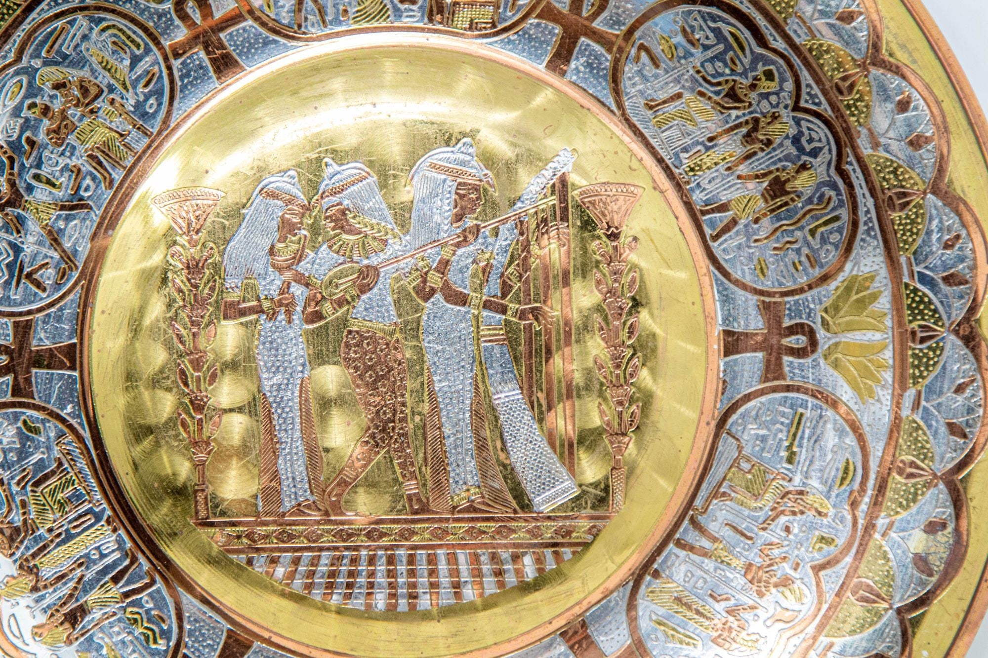 Egyptian Round Brass Tray with Silver and Copper Overlay Wall Hanging 1970