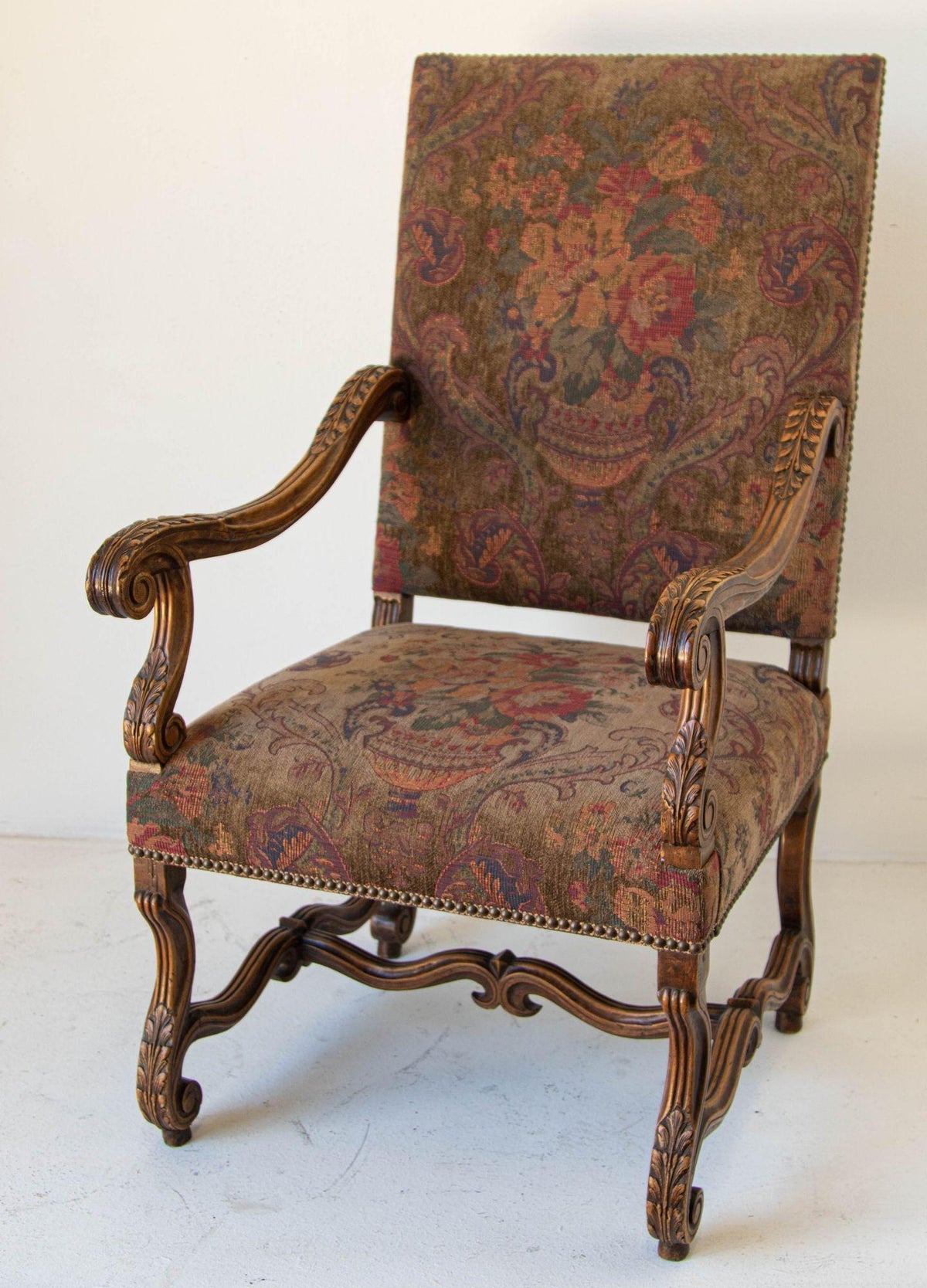 French Baroque Walnut Armchairs with Aubusson Upholstery, Circa 1930 — detail view 3
