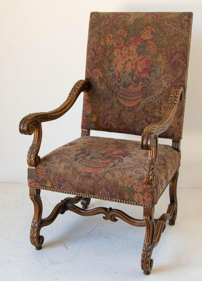 French Baroque Walnut Armchairs with Aubusson Upholstery, Circa 1930 — detail view 3