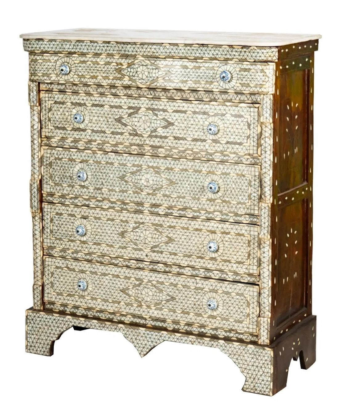 Antique Middle Eastern Mother-of-Pearl Inlaid Marble-Top Chest of Drawers