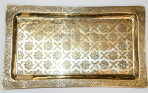 1940s Moroccan Brass Tray Rectangular Shape Polished Gold Brass Serving Platter