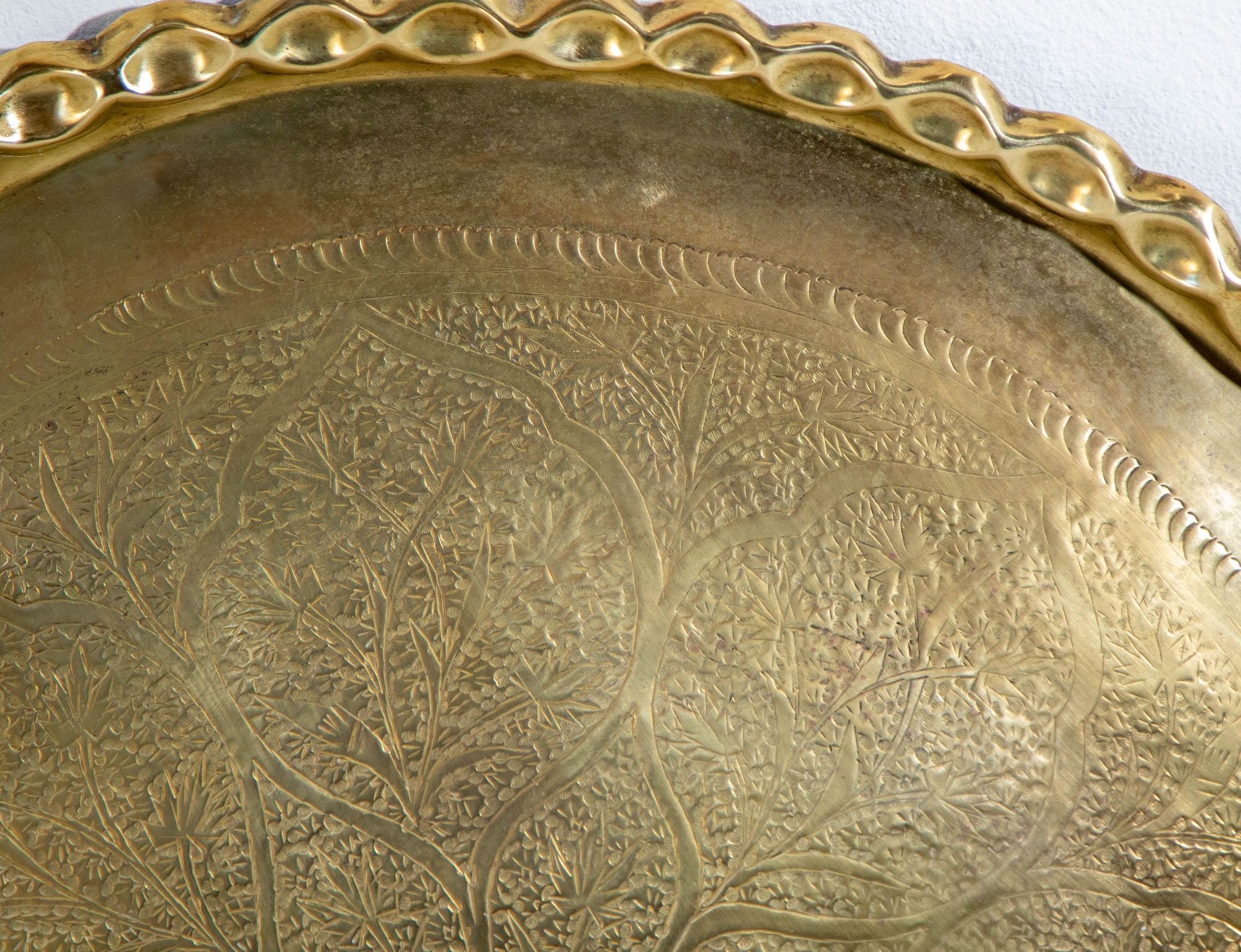 Antique Islamic Mughal Rajasthani Large Moorish Round Brass Tray with Crest Edges 30 in.