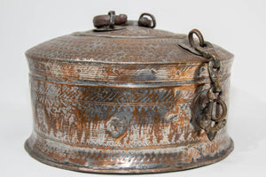 Antique South Asian Round Copper Bronze Box with Lid from India 19th C.
