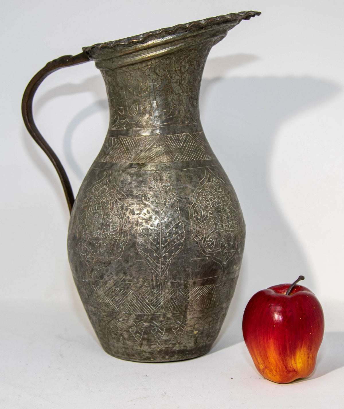 19th Century Persian Qajar Engraved Tinned Copper Ewer Pitcher