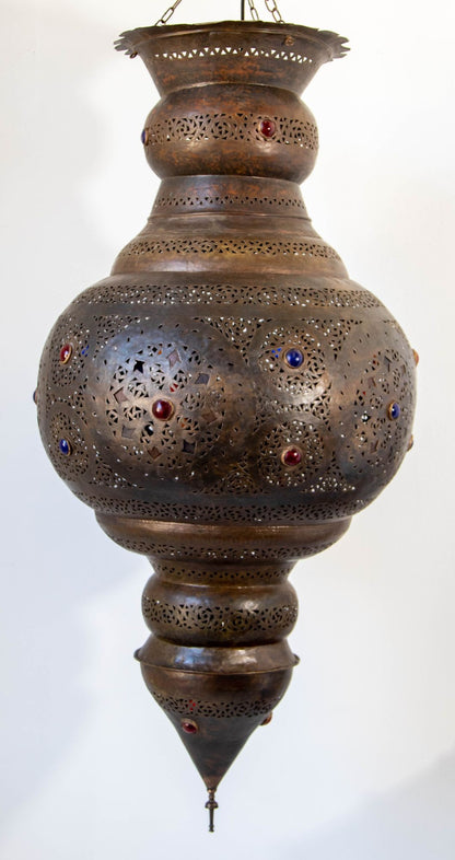 Large Moroccan Moorish Pierced Brass Chandelier with Colored Glass, circa 1940
