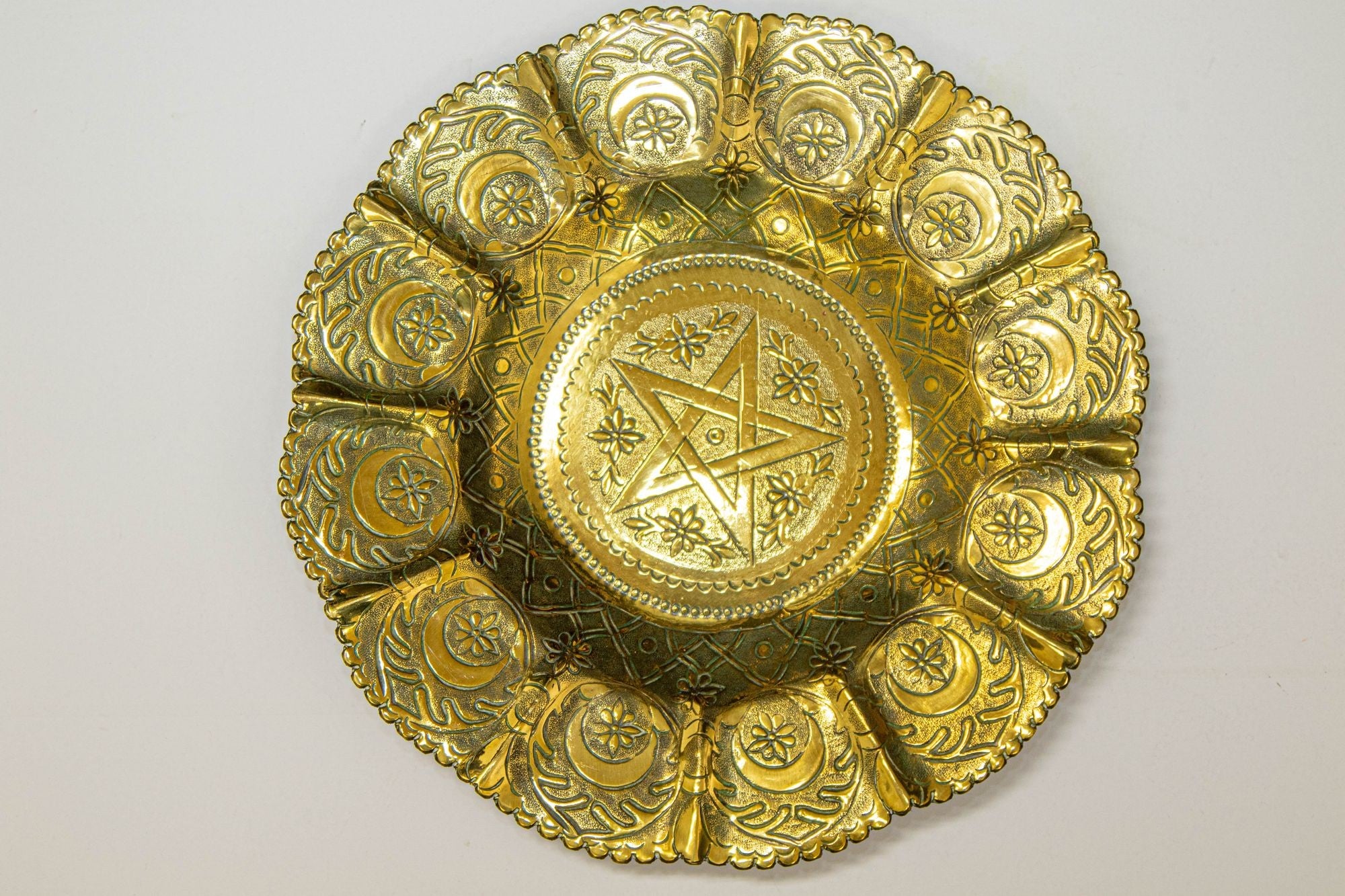 1950s Moroccan Brass Tray with Star and Moon Pattern 13 in. Diameter