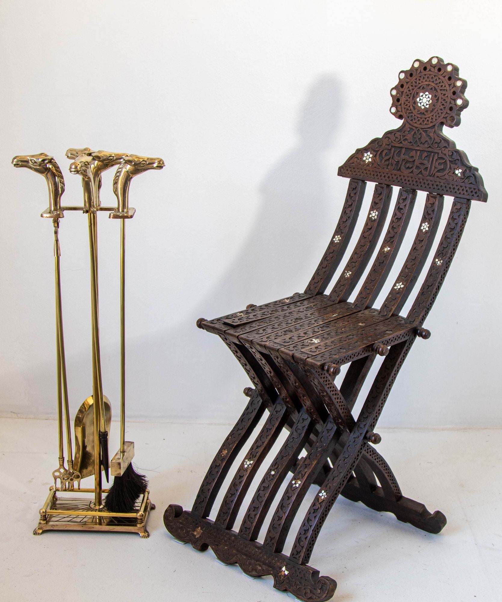 French Brass Horse Head Fireplace Tool Set Equestrian Hollywood Regency Style