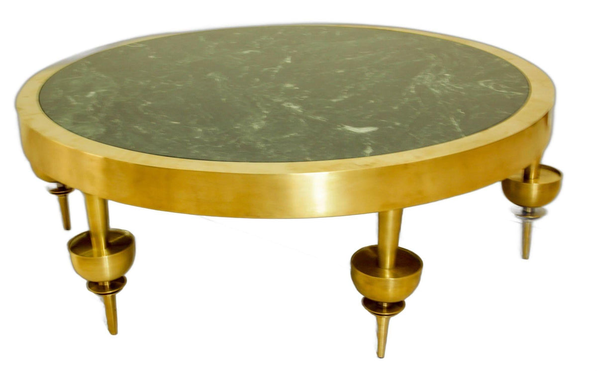 Custom Modernist Art Deco Polished Brass & Green Marble Round Coffee Table, 2010 — detail view 14