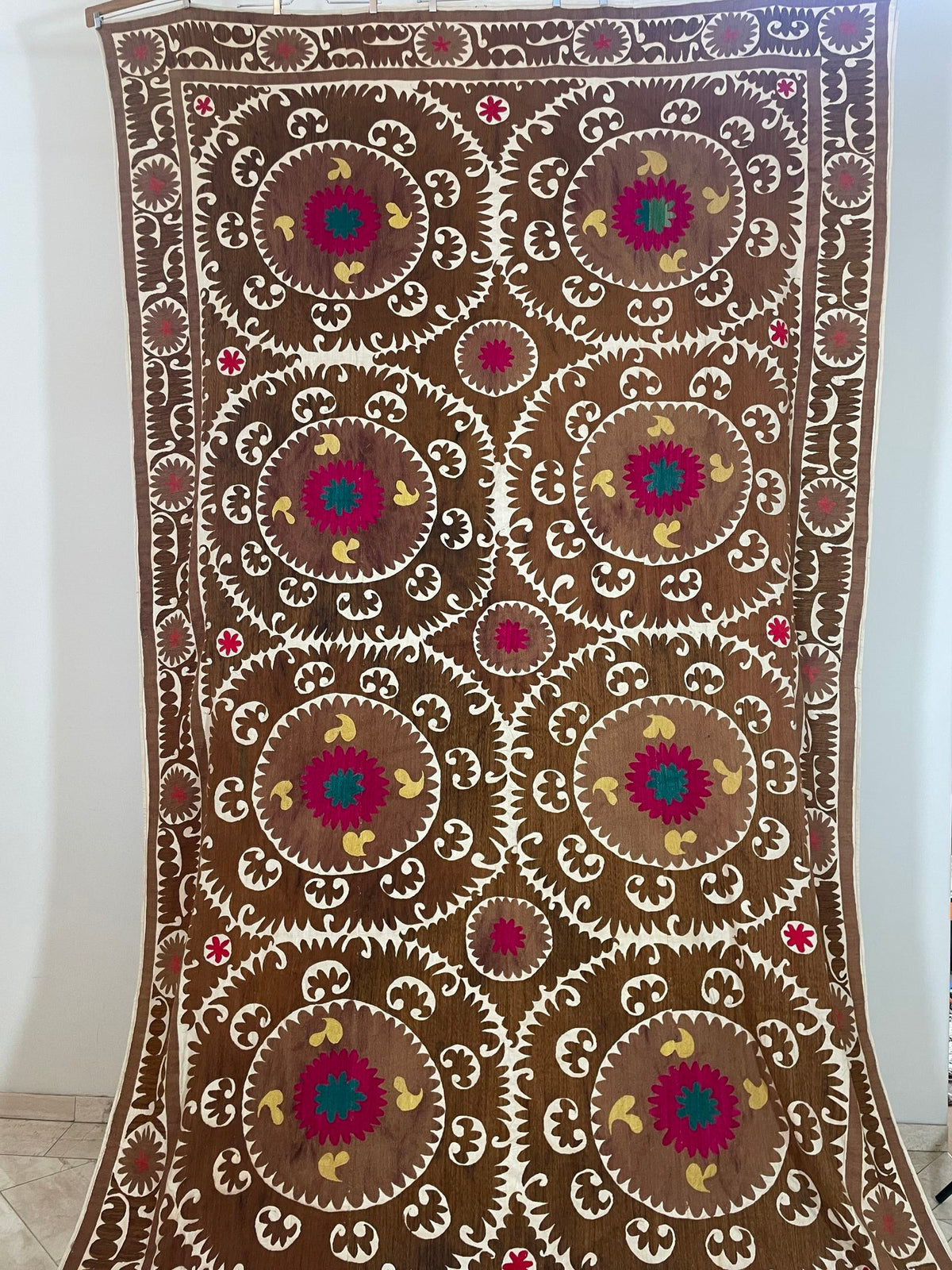 Vintage Embroidered Uzbekistan Suzani Tapestry Wall Hanging Brown and Pink XL