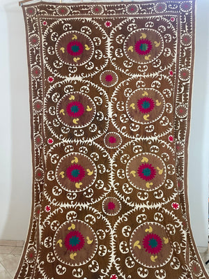Vintage Embroidered Uzbekistan Suzani Tapestry Wall Hanging Brown and Pink XL