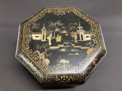 Large Chinese Tea Box Black Lacquered Gilt Hand Painted Octagonal Box 1940s