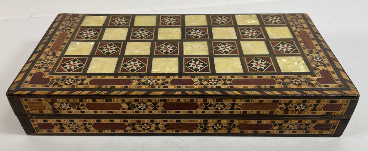 Middle Eastern Mosaic Inlaid Marquetry Box, Vintage Game Chest, 1950
