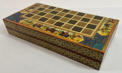 Vintage Persian Micro Mosaic Chess Box, Handcrafted Fruitwood, 1950s