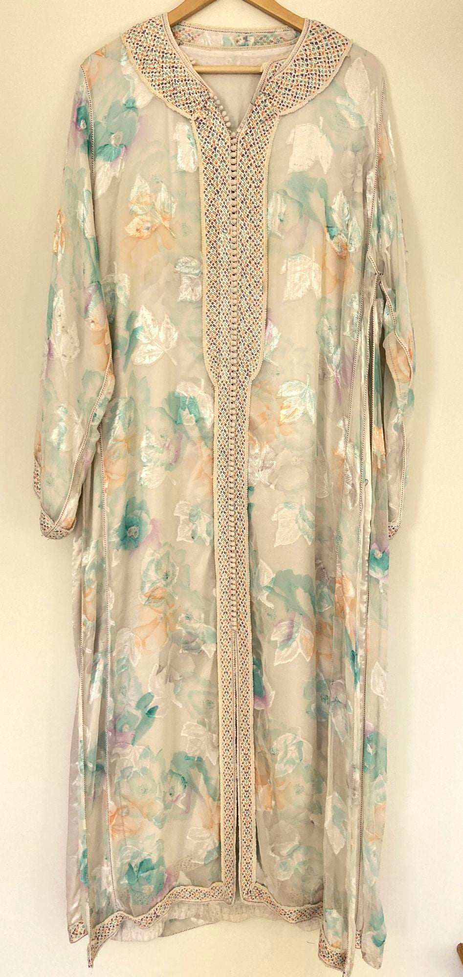 Vintage Moroccan Kaftan in Turquoise and Gold Floral Cheer Fabric