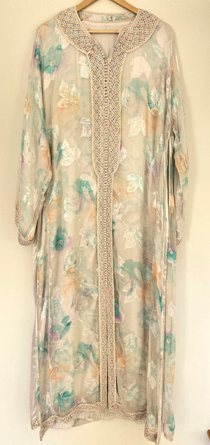 Vintage Moroccan Kaftan in Turquoise and Gold Floral Cheer Fabric