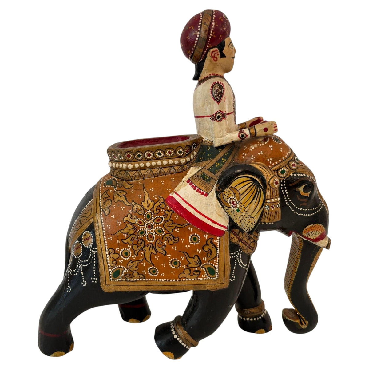 Antique Anglo-Raj Hand-Carved Teak Elephant with Rider Polychrome Sculpture — additional view 14