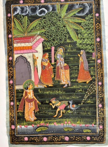 Vintage Rajasthani Krishna & Gopis Gouache and Gold Painting on Cloth — additional view 3