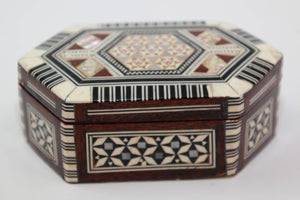 Moorish White hexagonal Box with Inlaid Mosaic Marquetry