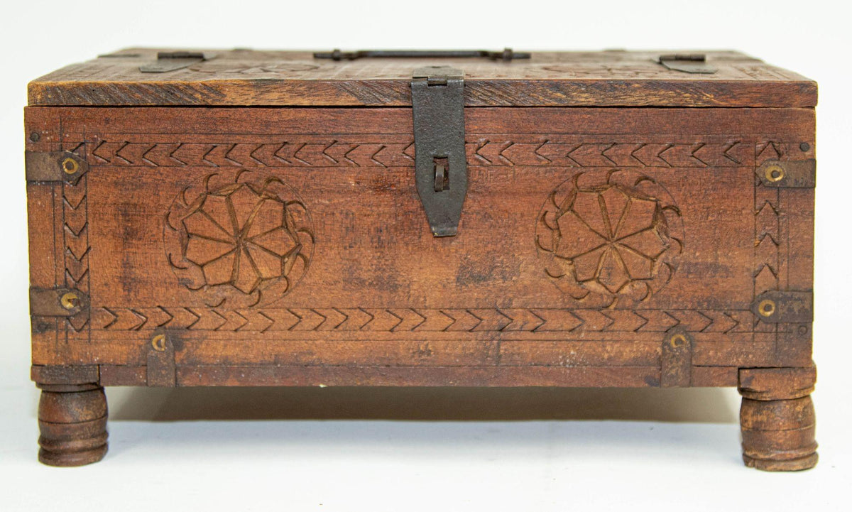 Antique Rajasthani Footed Chest Box, Hand-Carved Wood & Iron, 1900s — India