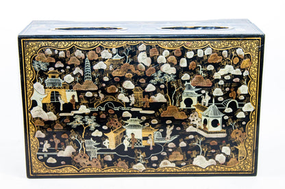 Large Chinoiserie Rectangular Black Lacquered Gilt Painted Covered Box 1950s — additional view 2