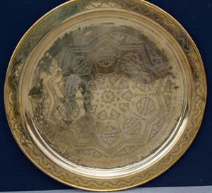 Antique Oversized Round Moroccan Polished Brass Tray Platter 19th C.