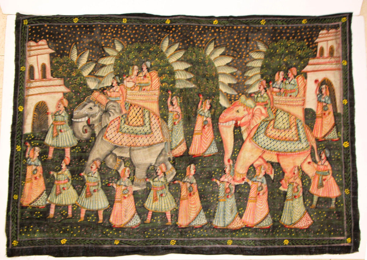 Large Vintage Mughal Raj Silk Painting of a Maharaja Royal Procession — India