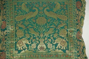 Emerald Green Exotic Silk Throw Pillow with Elephants and Peacocks India