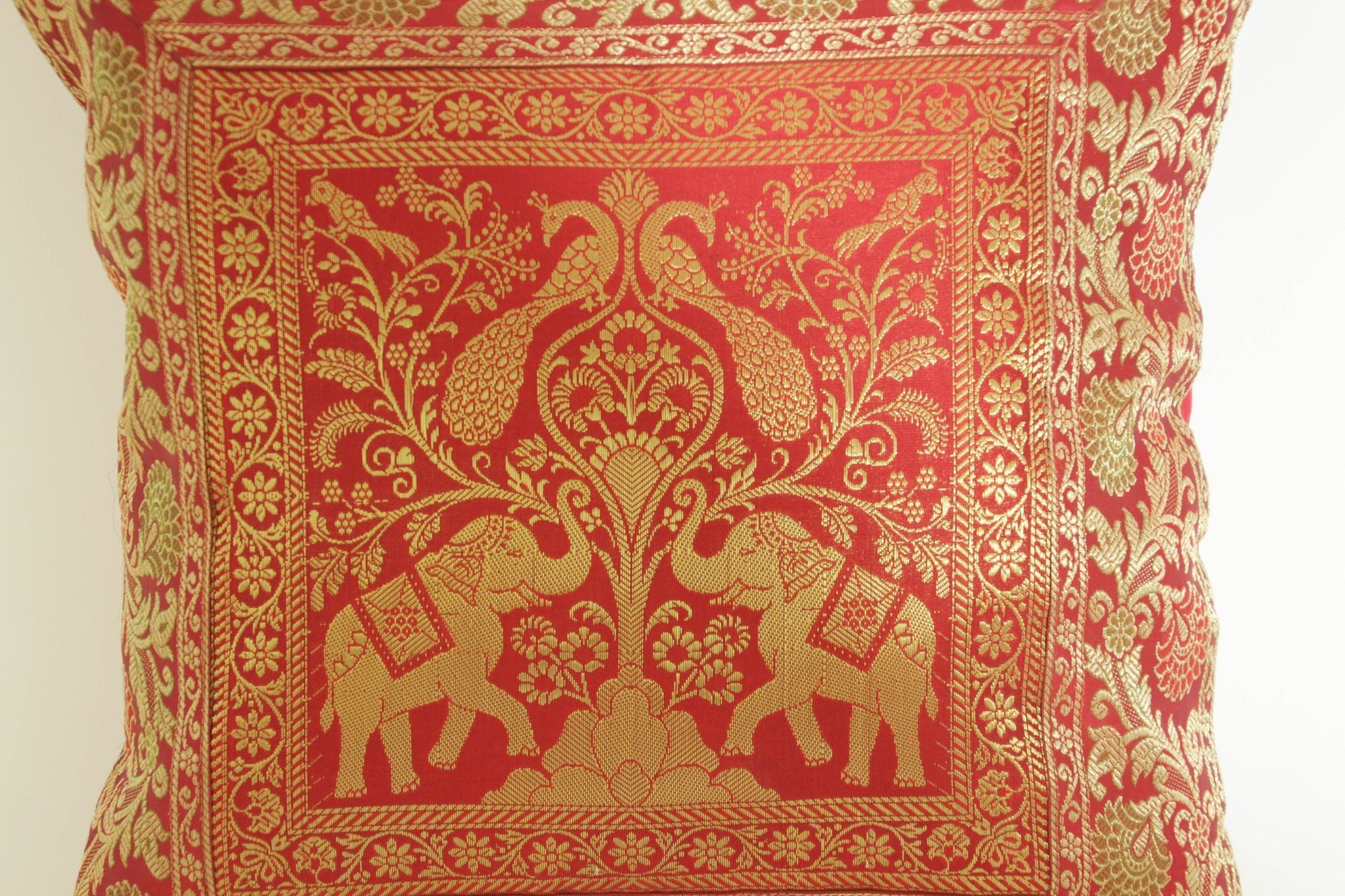 Decorative Silk Throw Pillow with Elephants and Peacocks India