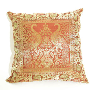 Red Silk Throw Pillow with Elephants and Peacocks India