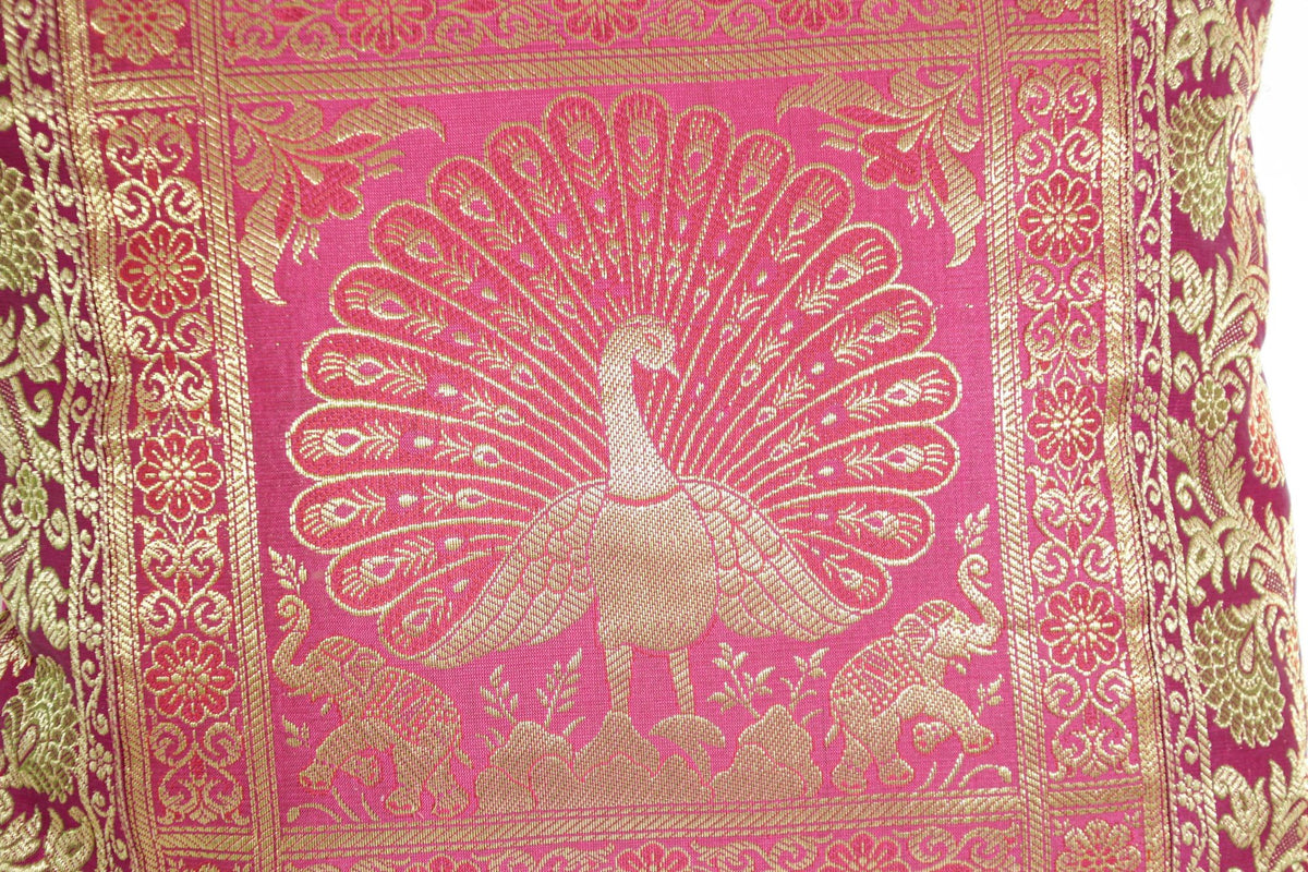 Hot Pink Silk Brocade Throw Pillow, Peacock Design, Indian Art, 1980