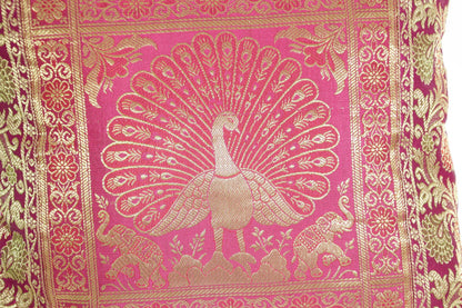Hot Pink Silk Brocade Throw Pillow, Peacock Design, Indian Art, 1980