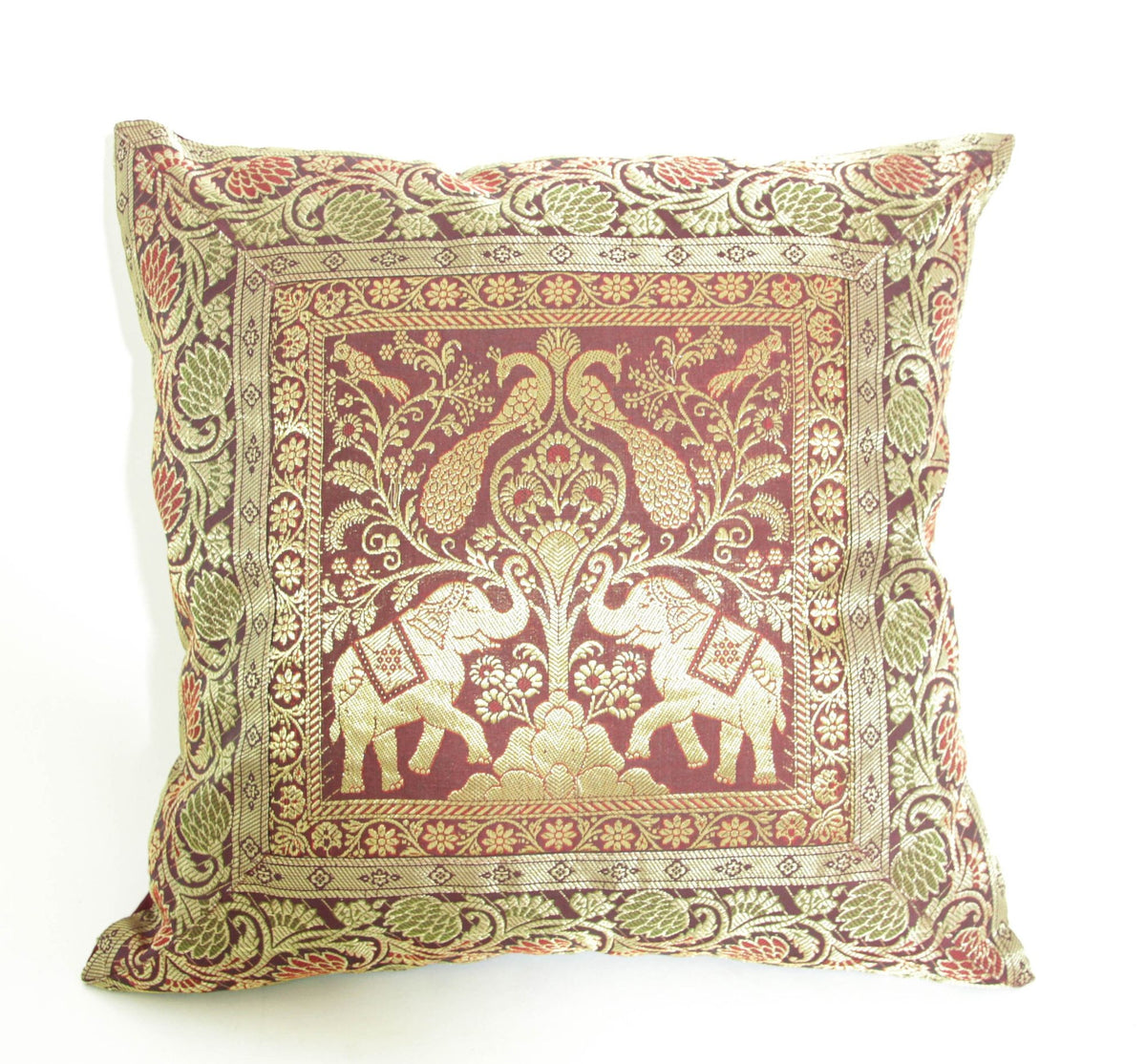 Silk Throw Pillow with Elephants and Peacocks India