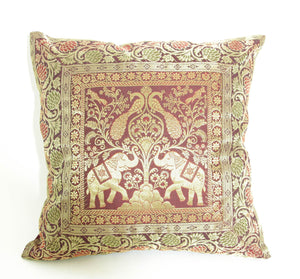 Silk Throw Pillow with Elephants and Peacocks India