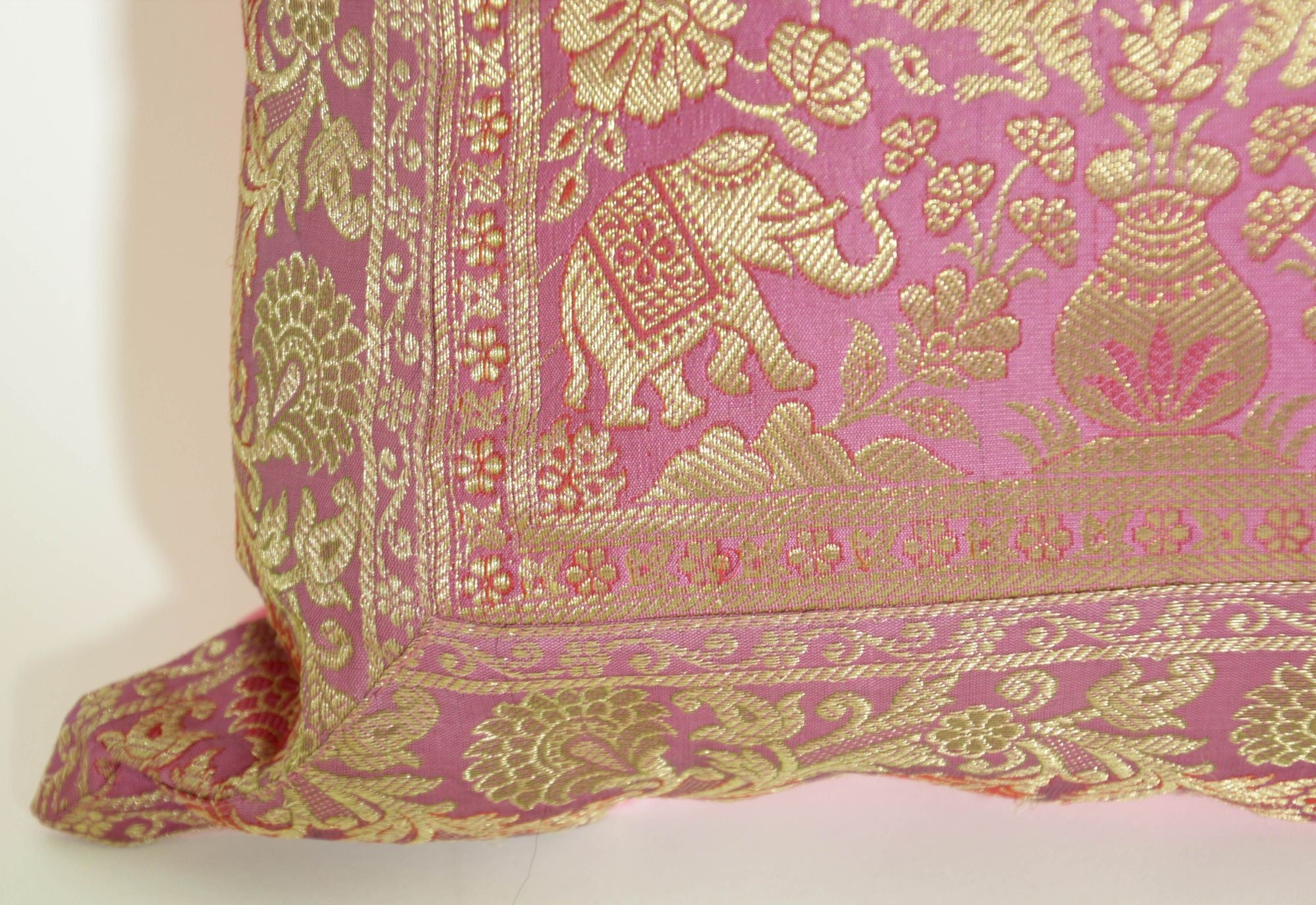 Silk Pink Throw Pillow with Elephants and Peacocks India