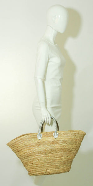 French Moroccan Straw Basket Tote Bag with Piped Leather Handles
