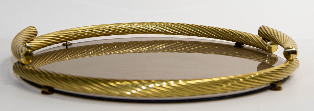 Dimart Brass Italian Round Tray with Smoked Glass 1980s — additional view 2