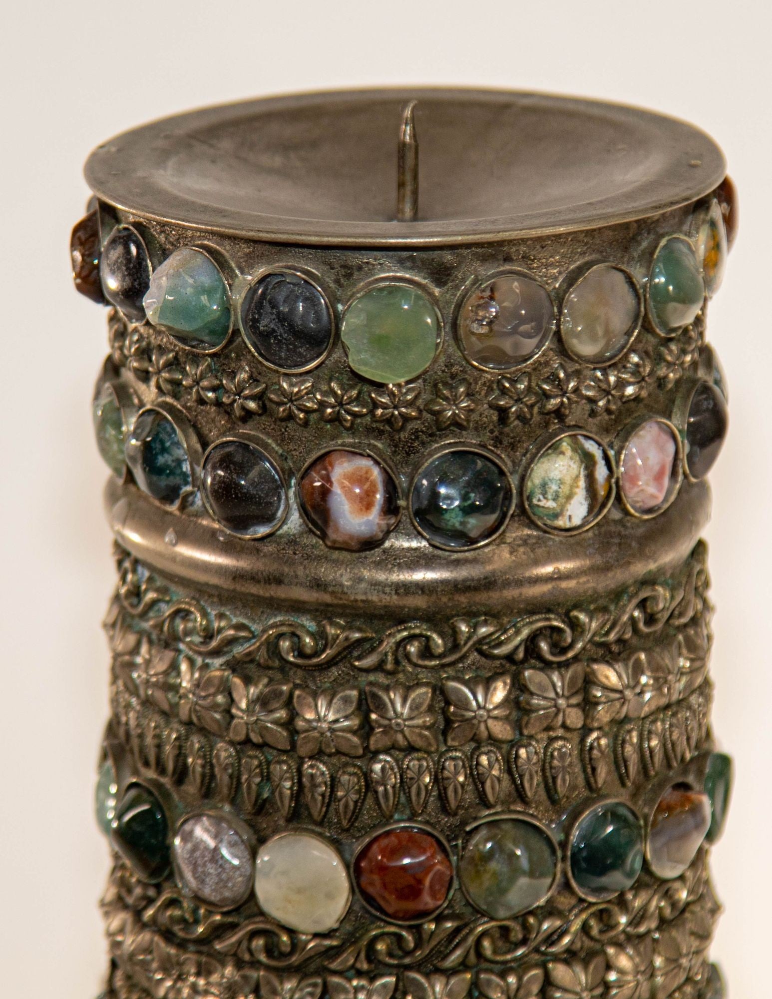 Vintage Agate Inlaid Jewelled Moroccan Silver Candle Holder
