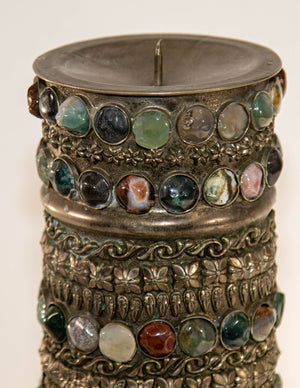 Vintage Agate Inlaid Jewelled Moroccan Silver Candle Holder