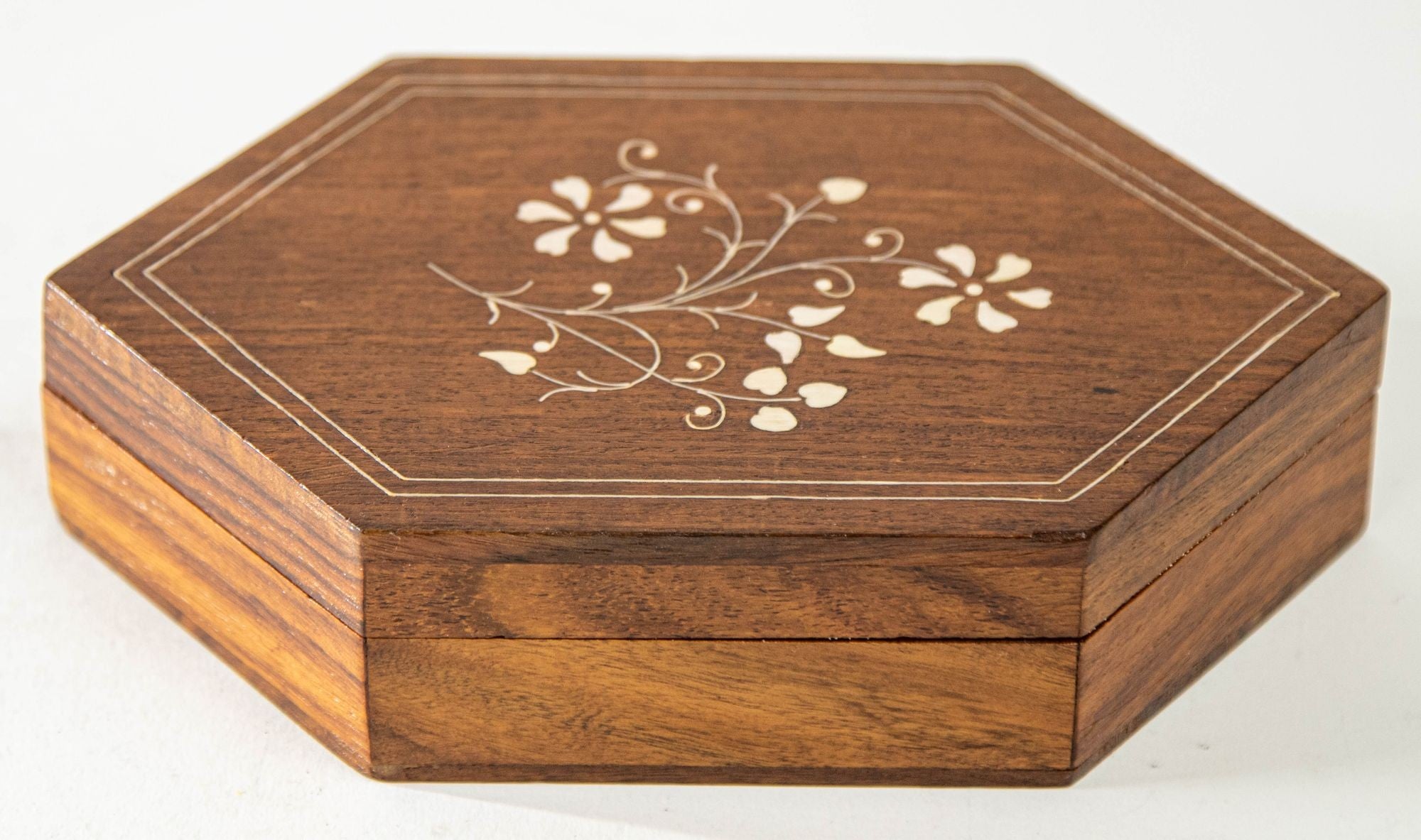 1960s Vintage Moroccan Inlaid Hexagonal Wood Box