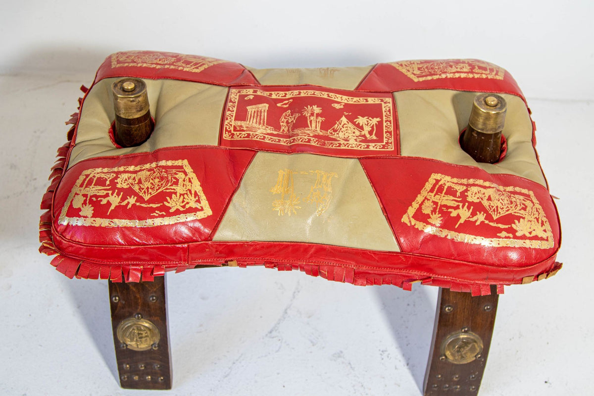 1960s Vintage Egyptian Camel Saddle Stool in Dark Wood & Red Leather
