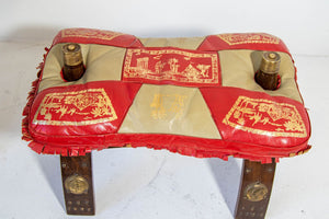 1950s Egyptian Ottoman Camel Saddle Stool with Red and Gold Cushion