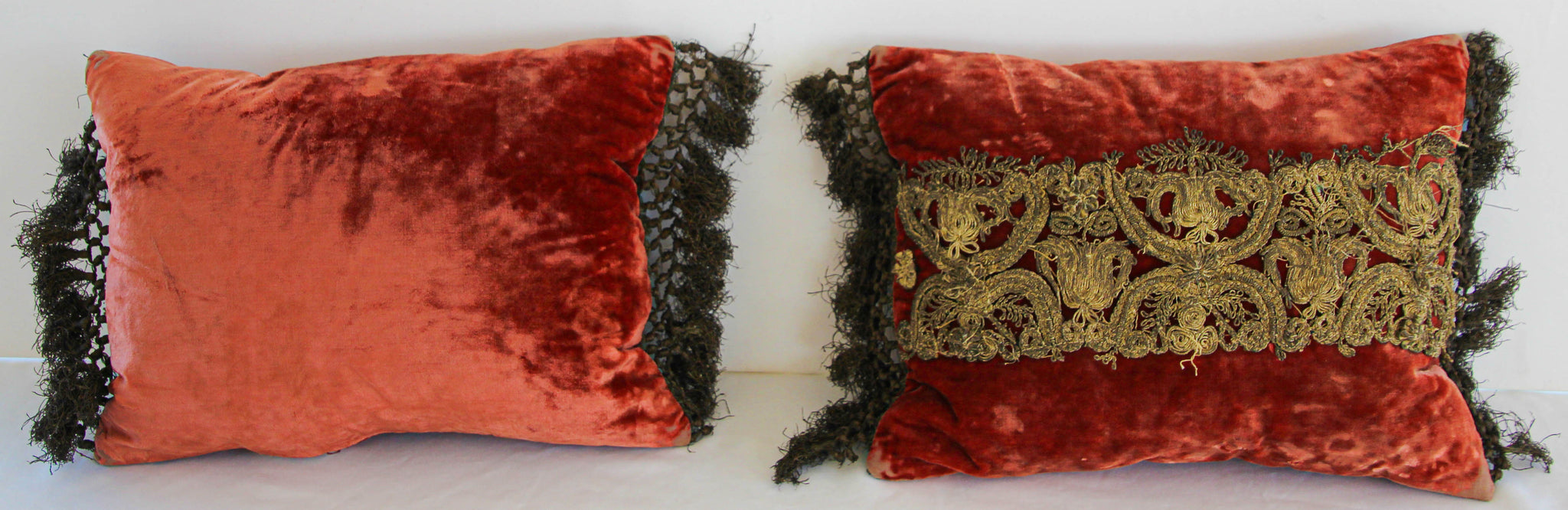 Antique Venetian Moorish Silk Velvet Throw Pillows Embellished with Metallic Treads