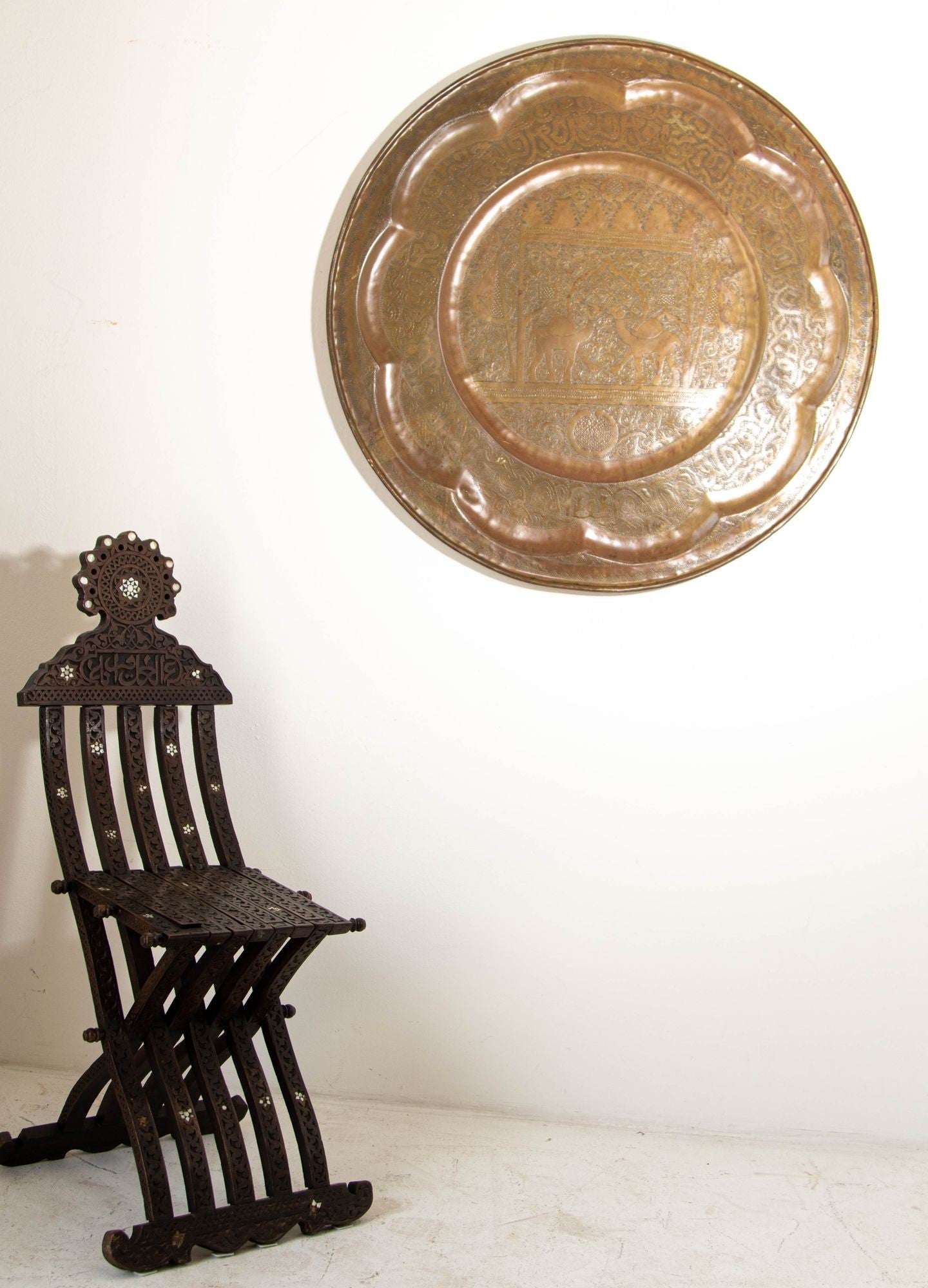 Large Moroccan Round Brass Tray Wall Decor 38 inches Circa 1950's