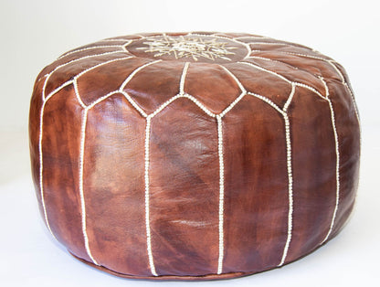 Moroccan Brown Leather Pouf, Embroidered Ottoman, Vintage Style