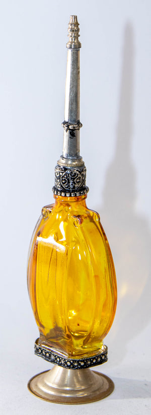 Moroccan Footed Glass Perfume Bottle Sprinkler with Embossed Metal Overlay