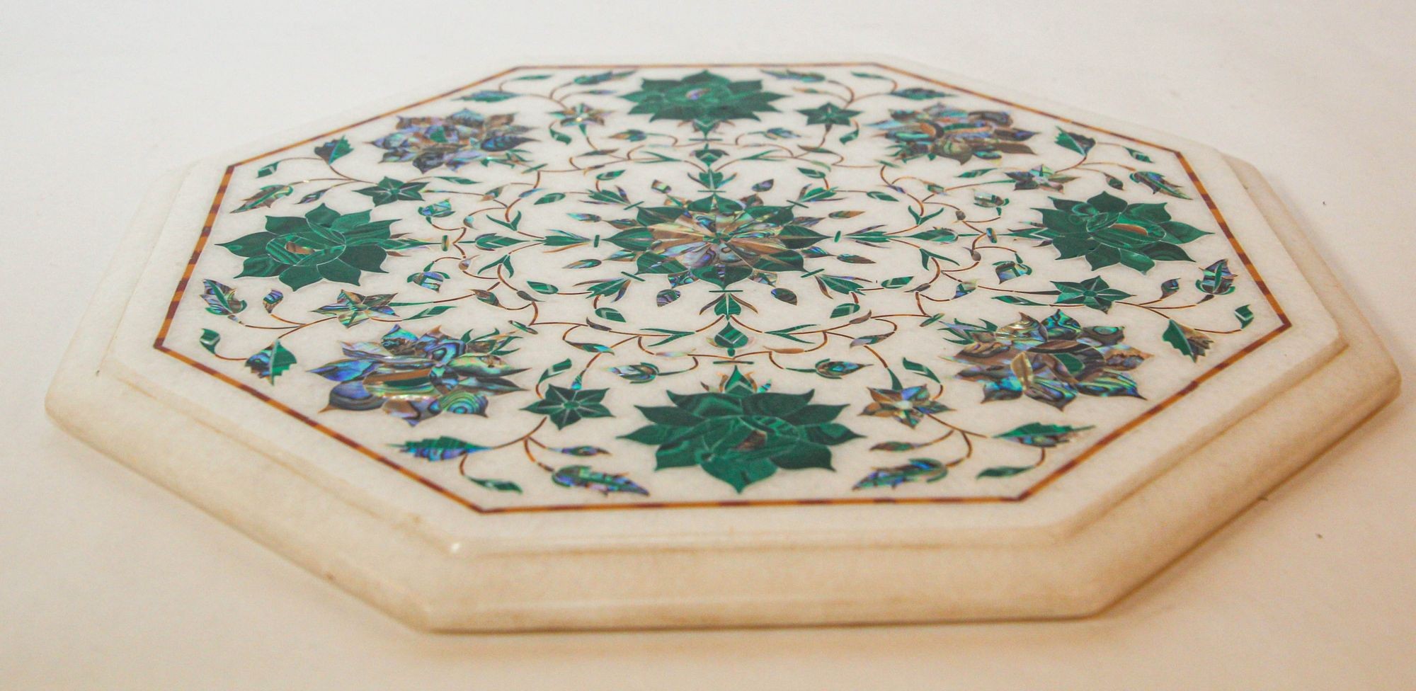 Pietra Dura White Mosaic Octagonal Inlaid Marble Top Handcrafted Agra India 1980