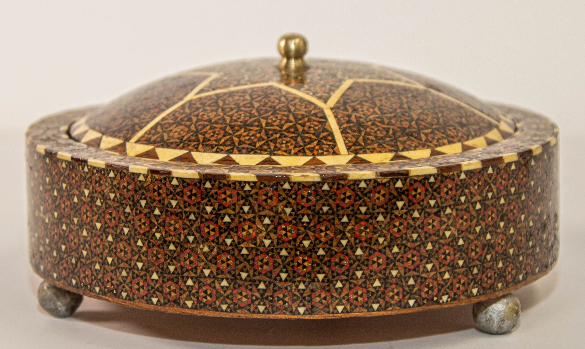 Persian Box Khatam Kari Footed Wooden Round Jewelry Vanity Trinket Moorish Box