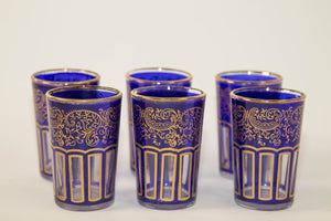 Moroccan Royal Blue Glasses with Gold Moorish Arabesque Design Set of 6 Barware