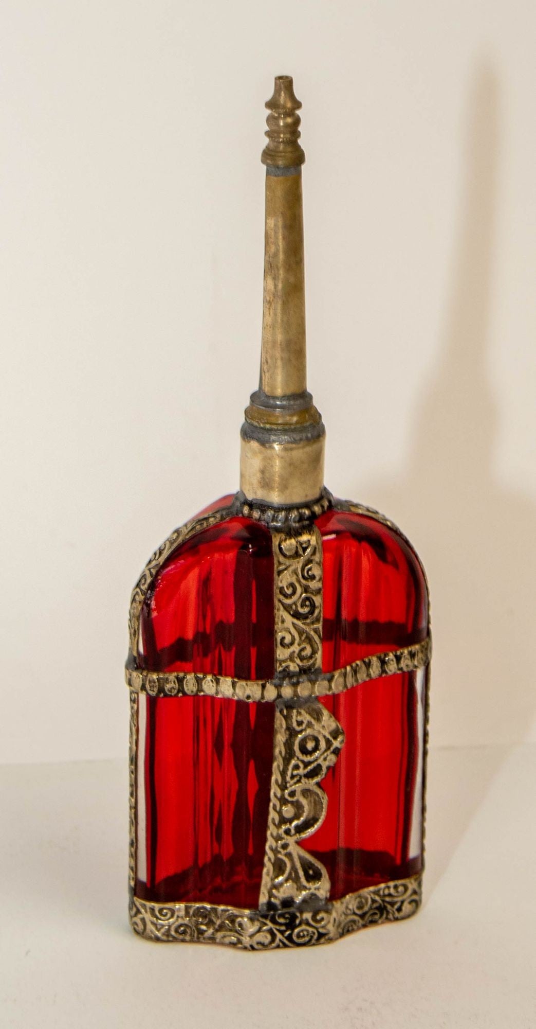 Moroccan Perfume Bottle Sprinkler with Embossed Metal Overlay and Red Glass