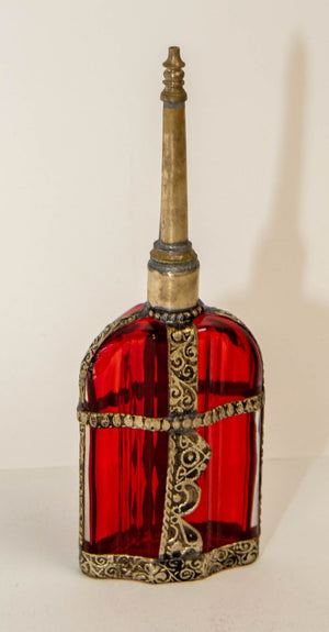 Moroccan Perfume Bottle Sprinkler with Embossed Metal Overlay and Red Glass
